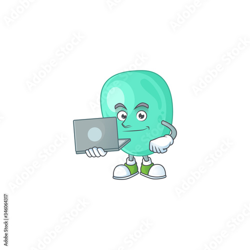 Diligent staphylococcus aureus mascot design style working from home with laptop