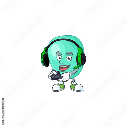 A cartoon design of staphylococcus aureus talented gamer play with headphone and controller