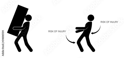 person, a loader incorrectly carries a heavy load, increasing the risk of injury. Isolated vector on white background
