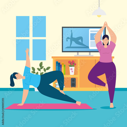 women practicing yoga online in living room vector illustration design
