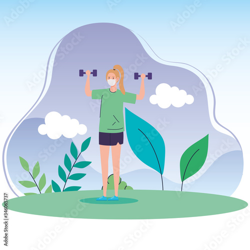 landscape with woman using face mask lifting dumbbells vector illustration design