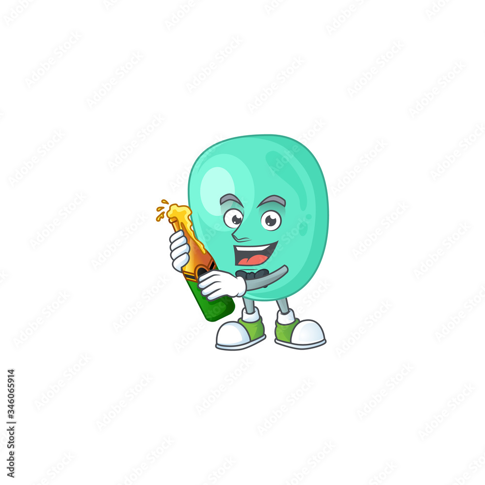 Mascot cartoon design of staphylococcus aureus making toast with a bottle of beer