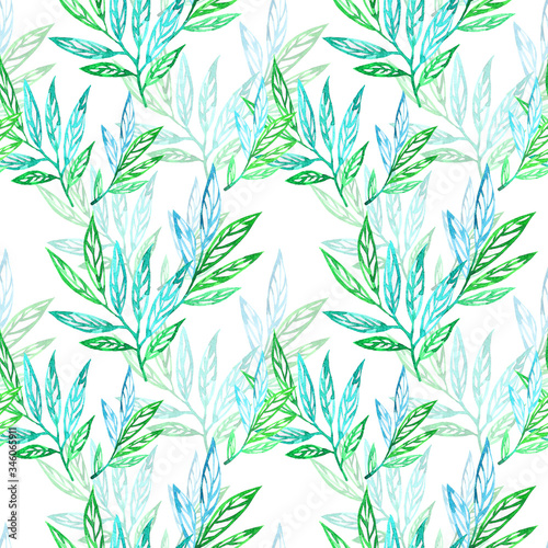 Fototapeta Naklejka Na Ścianę i Meble -  Floral seamless pattern with leaves watercolour. Hand drawn watercolour illustration in vintage style. Leafy background for textile, paper, decoration and wrapping