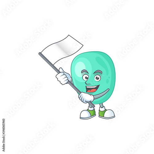 Cute cartoon character of staphylococcus aureus holding white flag
