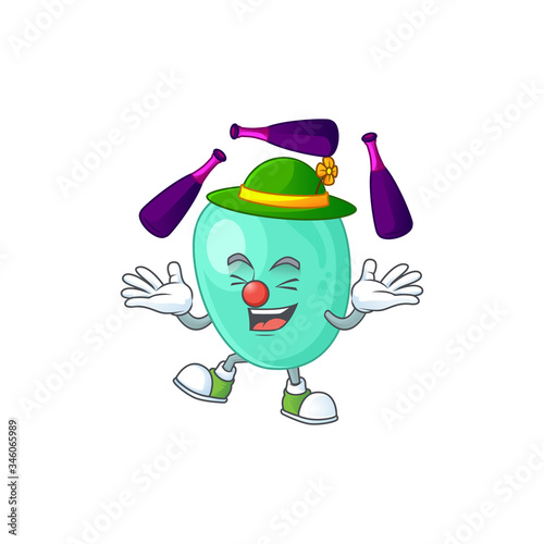 mascot cartoon style of staphylococcus aureus playing Juggling on stage