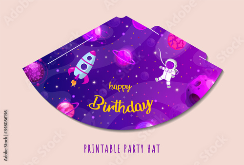 Party hats printable. Space party. Print and cut. Happy birthday elements. Vector set of cones template to head for holiday.
