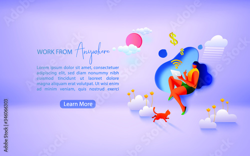 Concept of remote working and work from anywhere. Working from home during Covid-19. Landing page template.  Vector illustration.