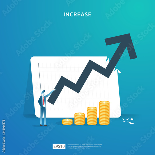 Finance performance concept. business profit increase with growth up arrow and people character. income salary rate grow margin revenue with dollar symbol. return on investment ROI vector illustration