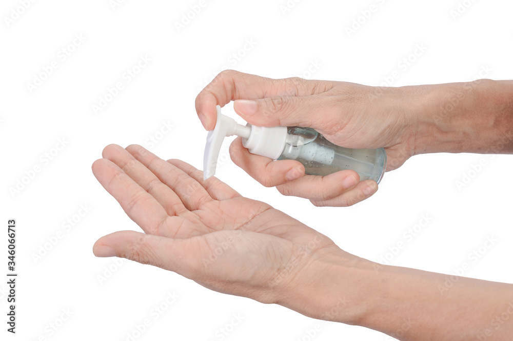 Protection Coronavirus and Bacteria through touch concept. Close up view of woman using alcohol gel (antibacterial hand sanitizer) on hand for protect and clean from virus or germ on white background.