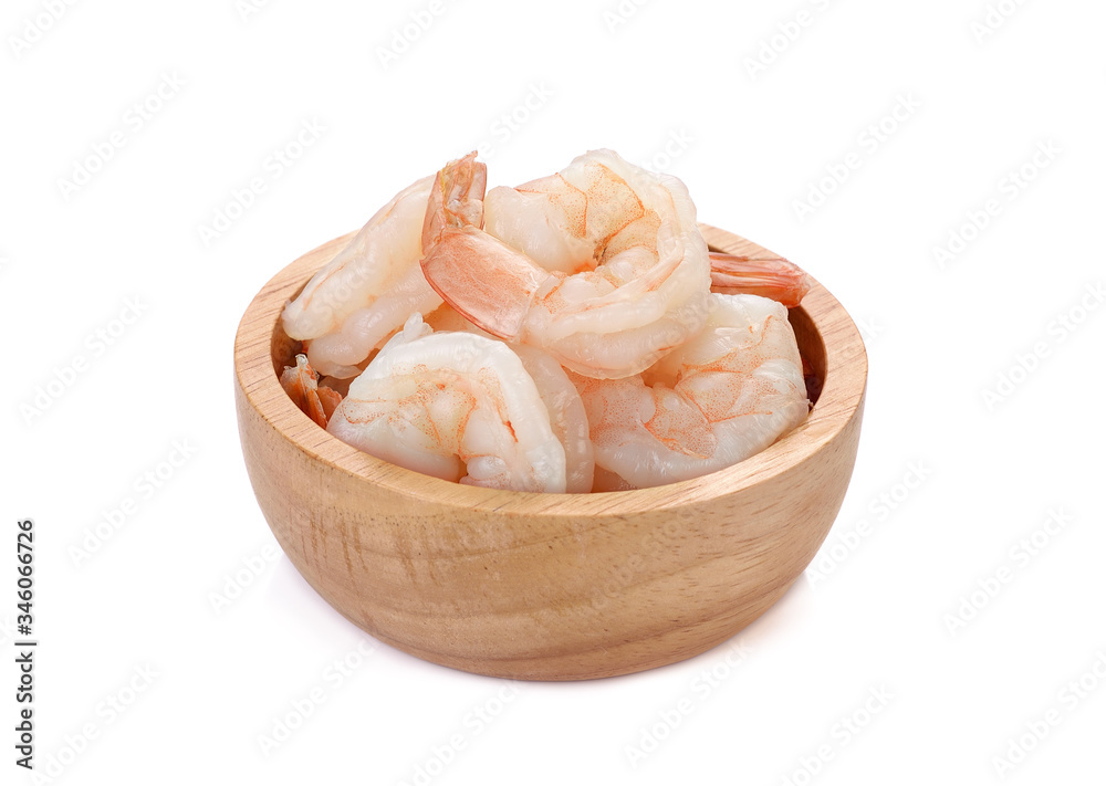 Shrimp cooked in a wood bowl on white background