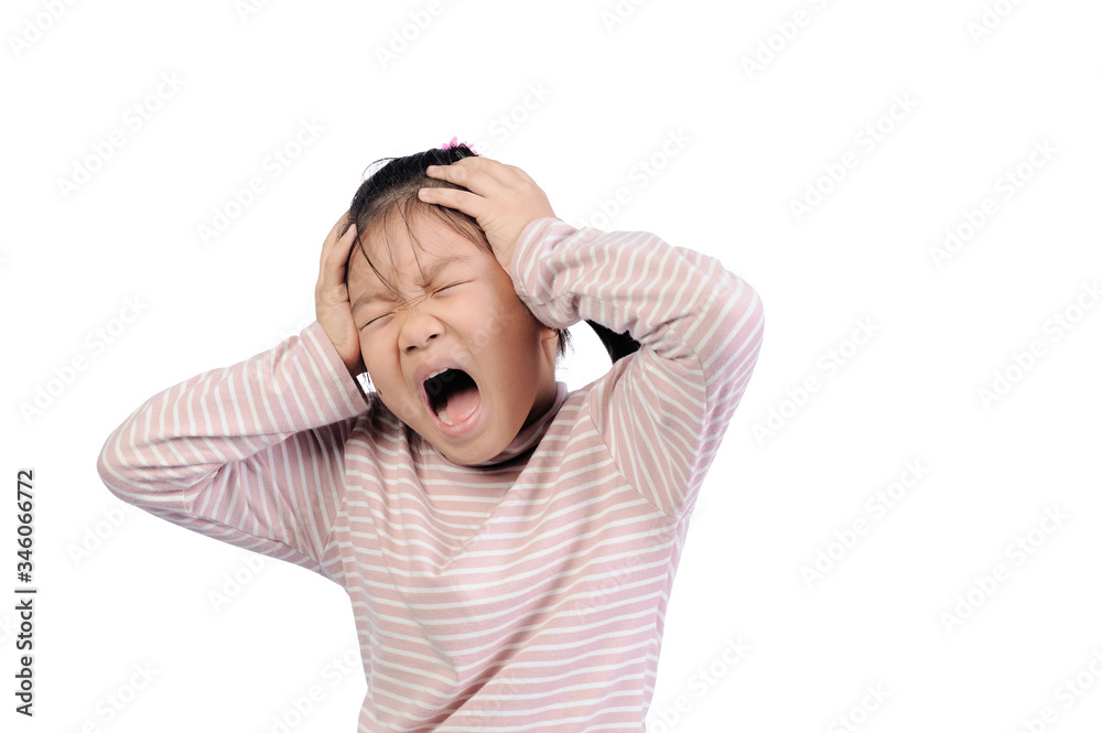 Facial expressions and emotional gestures of children concept. A little asian girl of 7 years old doing gestures and expressing very angry faces and raise a hold to head with copy space. Facial expressions and emotional gestures of children concept. A little asian girl of 7 years old doing gestures and expressing very angry faces and raise a hold to head with copy space.