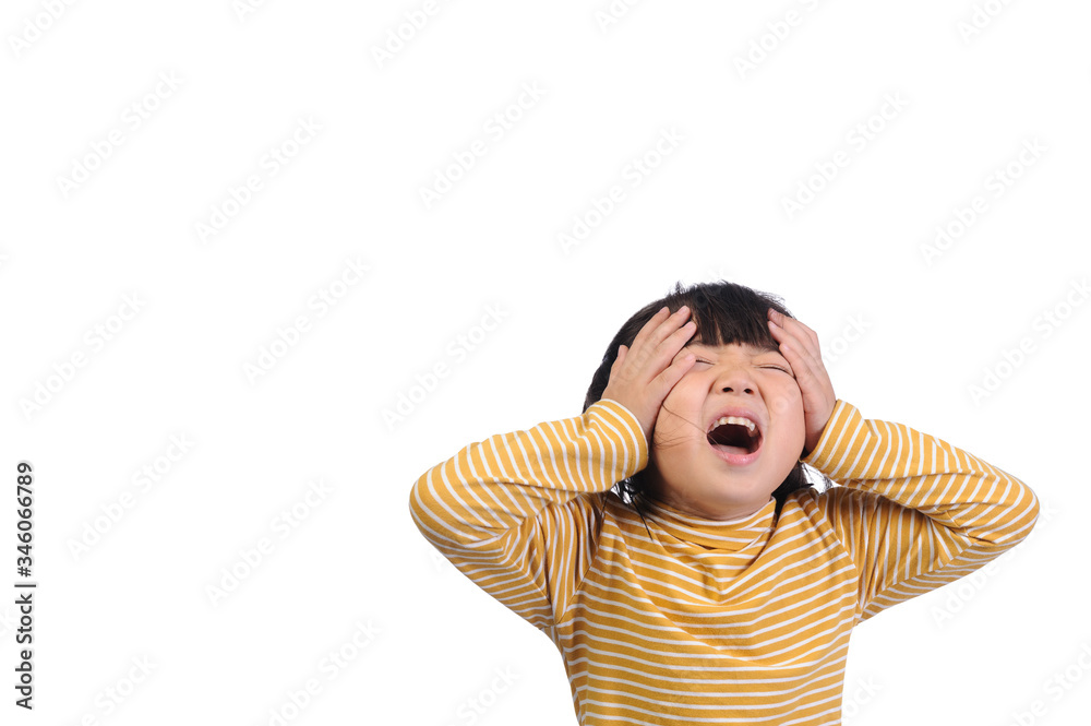 Facial expressions and emotional gestures of children concept. A little asian girl of 5 years old doing gestures and expressing very angry faces and raise a fist on white background with copy space. Facial expressions and emotional gestures of children concept. A little asian girl of 5 years old doing gestures and expressing very angry faces and raise a fist on white background with copy space.