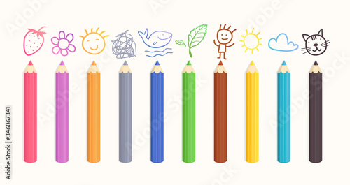 Color pencils collection with doodle pictures hand drawn. Vector clipart collection of school supplies realistic colorful set with sample crayon drawings.