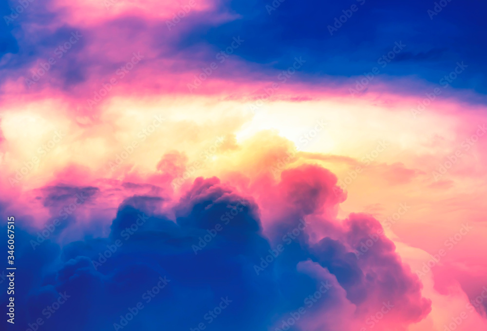 Obraz premium orange color light with pink neon light in overcast sky with deep blue clouds