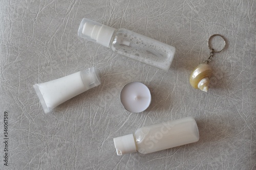 Set of cosmetics for skin care on a white background. The view from the top.