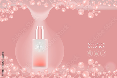 Beauty product ad design, pink cosmetic container with collagen solution advertising background ready to use, luxury skin care banner, illustration vector.