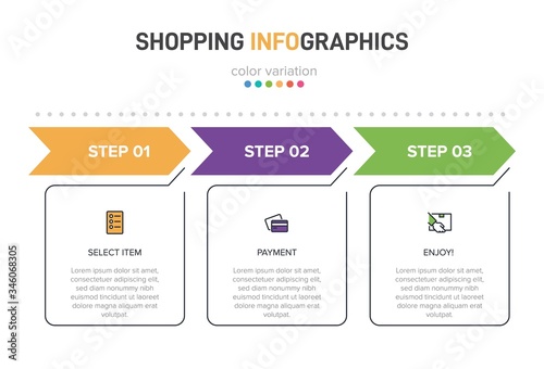 Concept of shopping process with 3 successive steps. Three colorful graphic elements. Timeline design for brochure, presentation, web site. Infographic design layout.