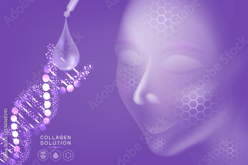 Hyaluronic acid skin solutions ad, purple collagen serum drop with cosmetic advertising background ready to use, illustration vector.