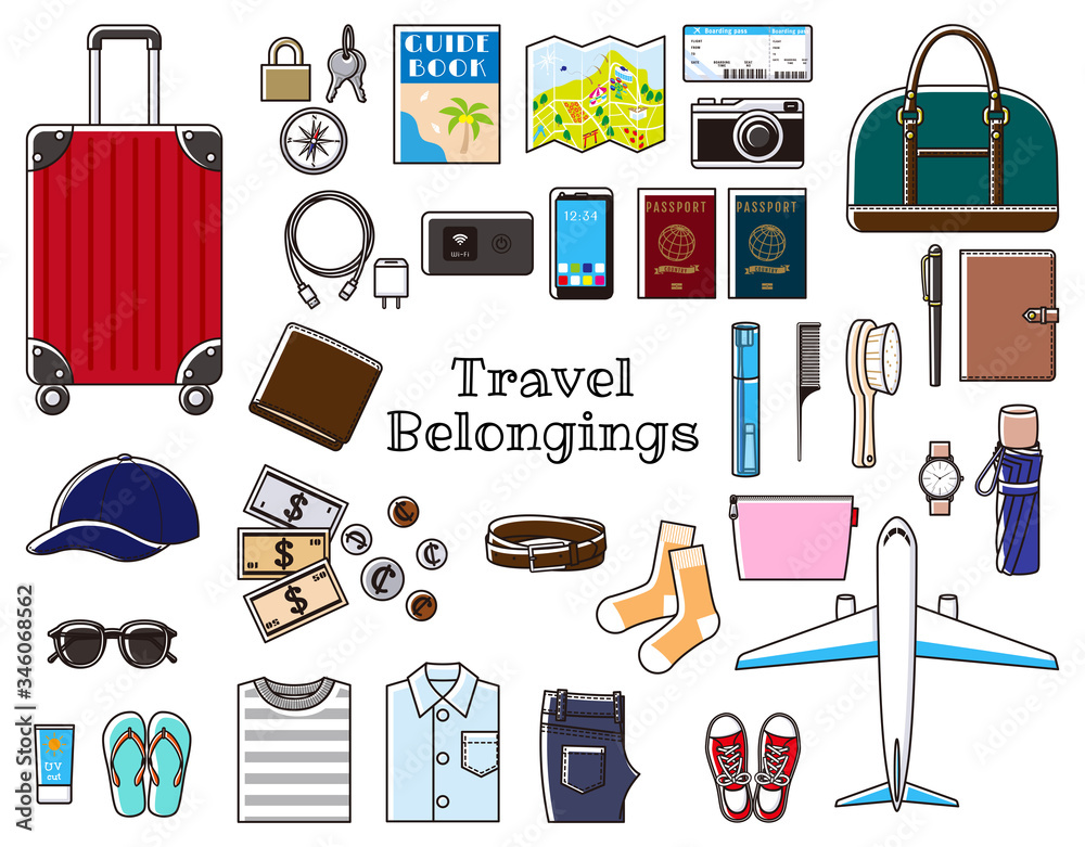 Illustration of belongings of overseas travel Illustration of belongings of overseas travel