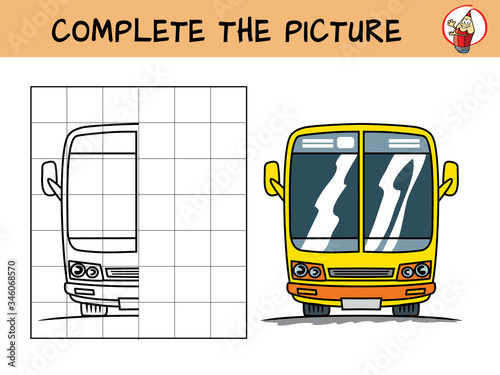 Complete the picture of a yellow bus. Copy the picture. Coloring book. Educational game for children. Cartoon vector illustration