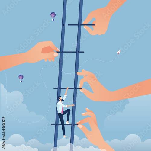 Big hand build stair to help businessman go up higher. Business growth success and teamwork concept