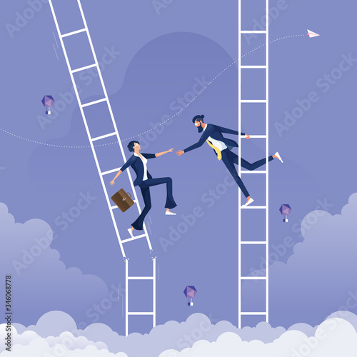 Businessman giving hand to help another businesswoman who is on broken ladder-Help and support concept