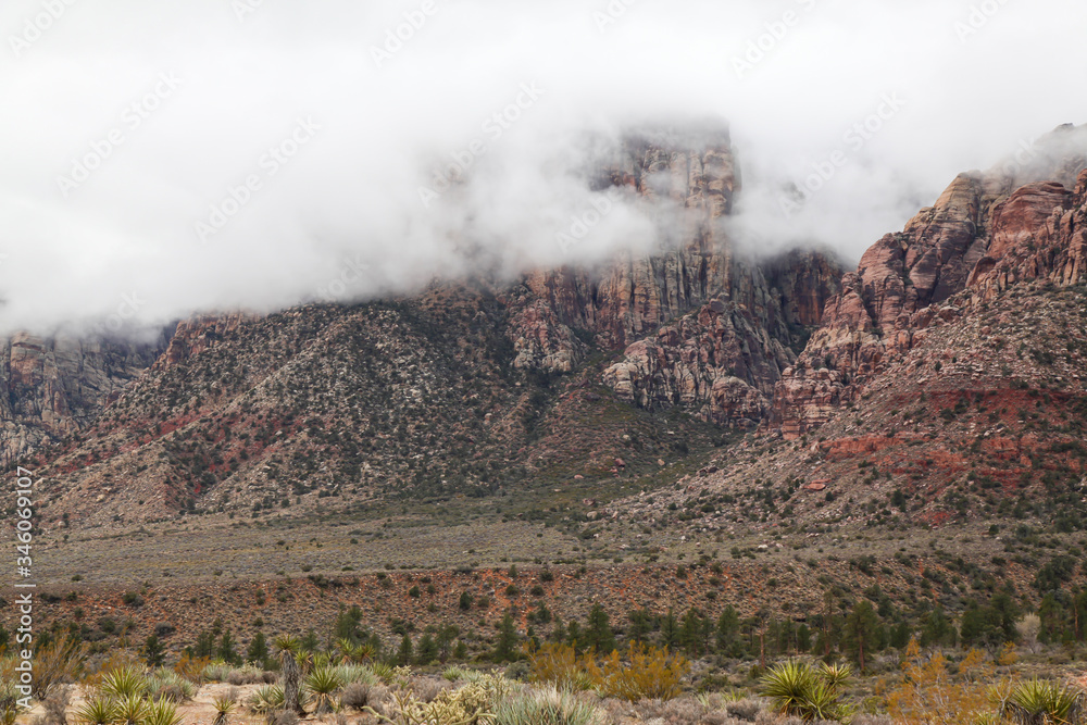 View of mountain red rock canyon national park in Foggy day is beautiful nature landscape at nevada,USA.