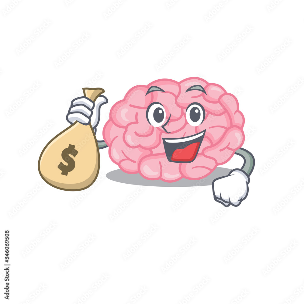 Fototapeta premium Rich human brain cartoon design holds money bags