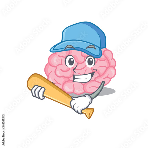 Picture of human brain cartoon character playing baseball