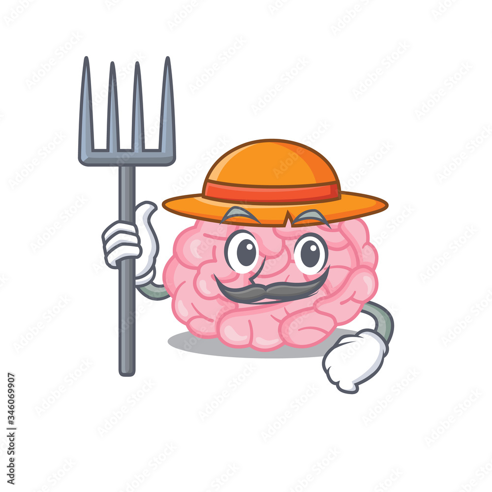 Cartoon character design of human brain as a Farmer with hat and pitchfork Cartoon character design of human brain as a Farmer with hat and pitchfork
