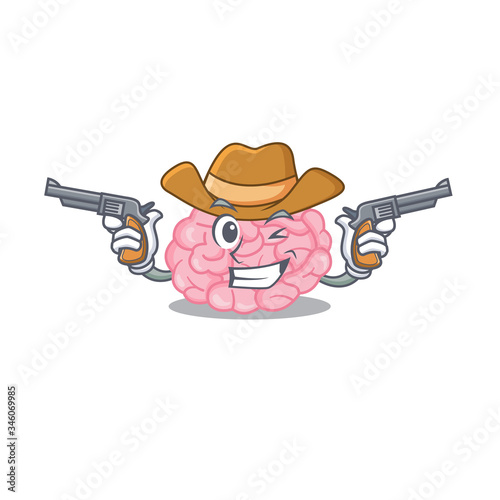 Cute handsome cowboy of human brain cartoon character with guns