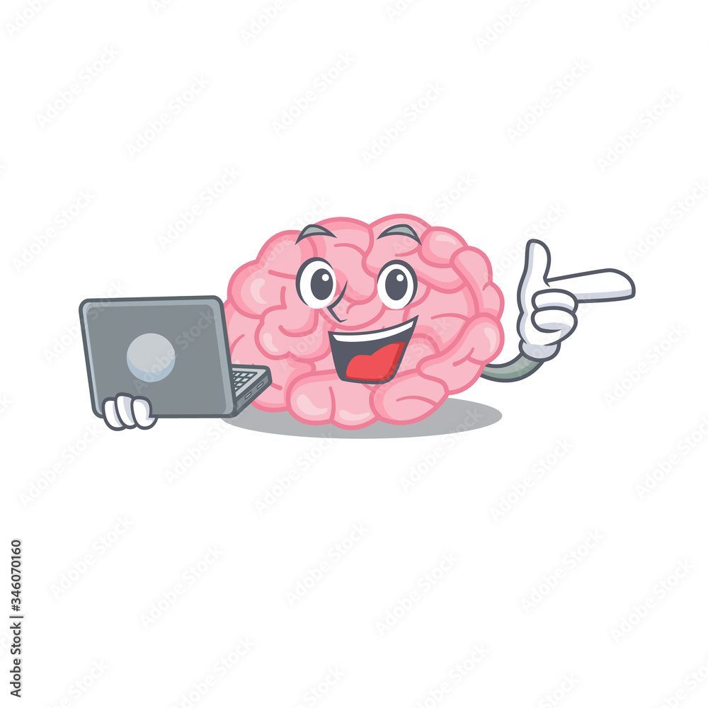 Cartoon character of human brain clever student studying with a laptop ...