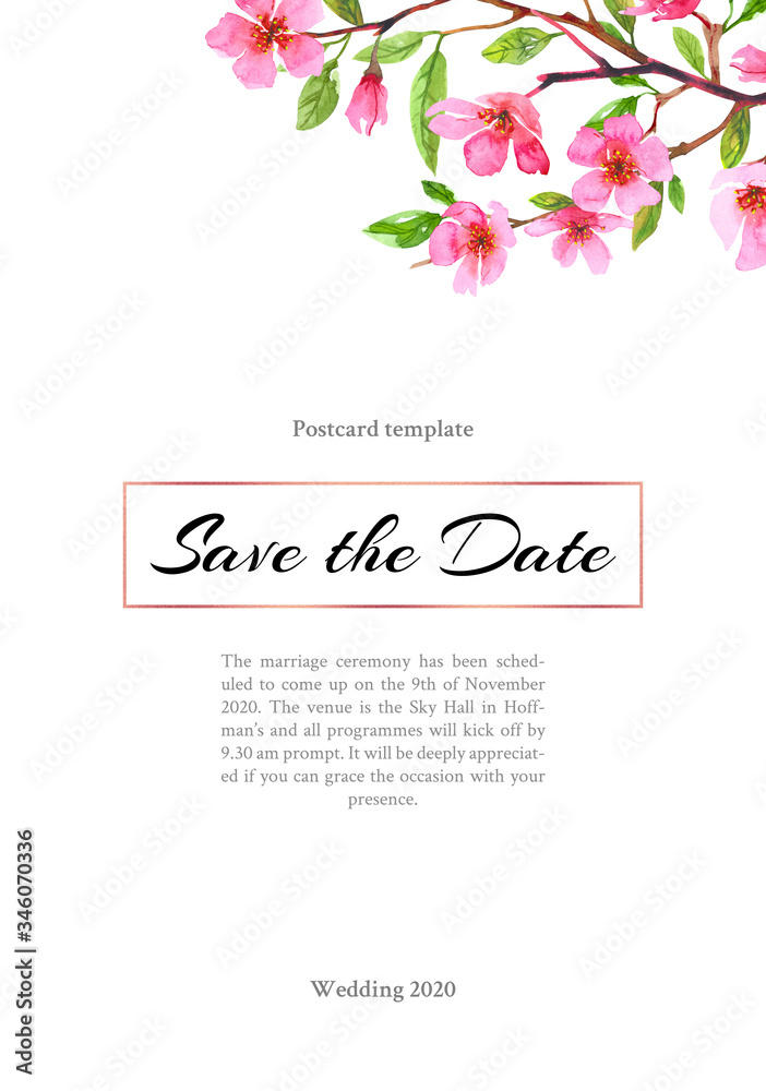 Watercolor cherry blossom flower wedding poster, flyer. Sakura beautiful spring floral template greeting card design. Colorful illustration isolated on white background
