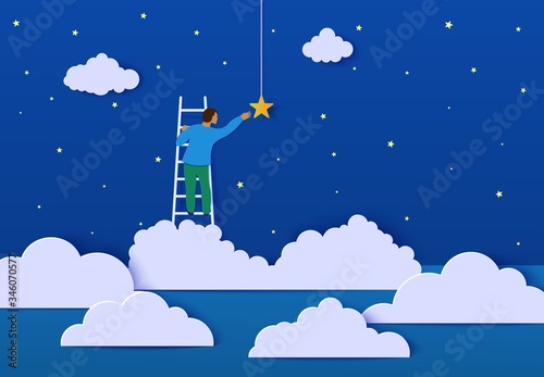 Man on a ladder to pick the star above cloud in paper cut style. Papercut businessman climbing on ladder to sky and trying to catch dream star. Follow your dreams vector motivational poster concept