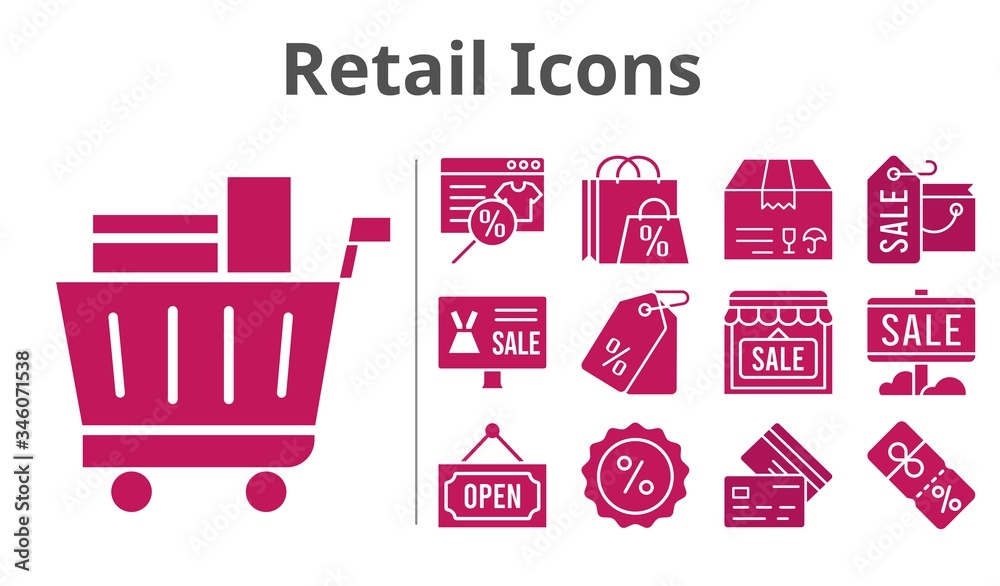 retail icons set. included online shop, shopping bag, sale, package, shop, price tag, shopping cart, discount, credit card, open icons. filled styles. retail icons set. included online shop, shopping bag, sale, package, shop, price tag, shopping cart, discount, credit card, open icons. filled styles.