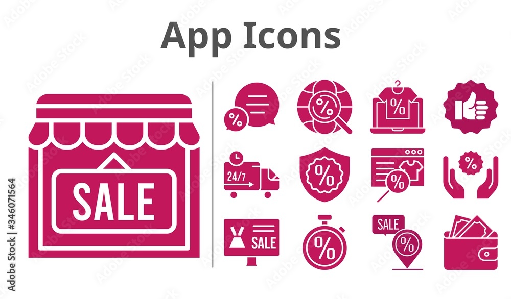 app icons set. included online shop, wallet, shop, like, chat, warranty, discount, placeholder, delivery truck, stopwatch, internet icons. filled styles.