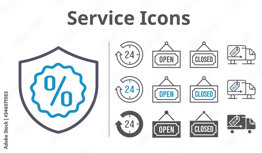 service icons icon set included 24-hours, warranty, closed, delivery truck, open icons