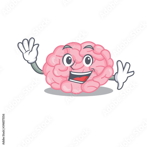 A charismatic human brain mascot design style smiling and waving hand