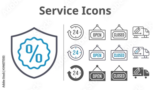 service icons icon set included 24-hours, warranty, closed, delivery truck, open icons