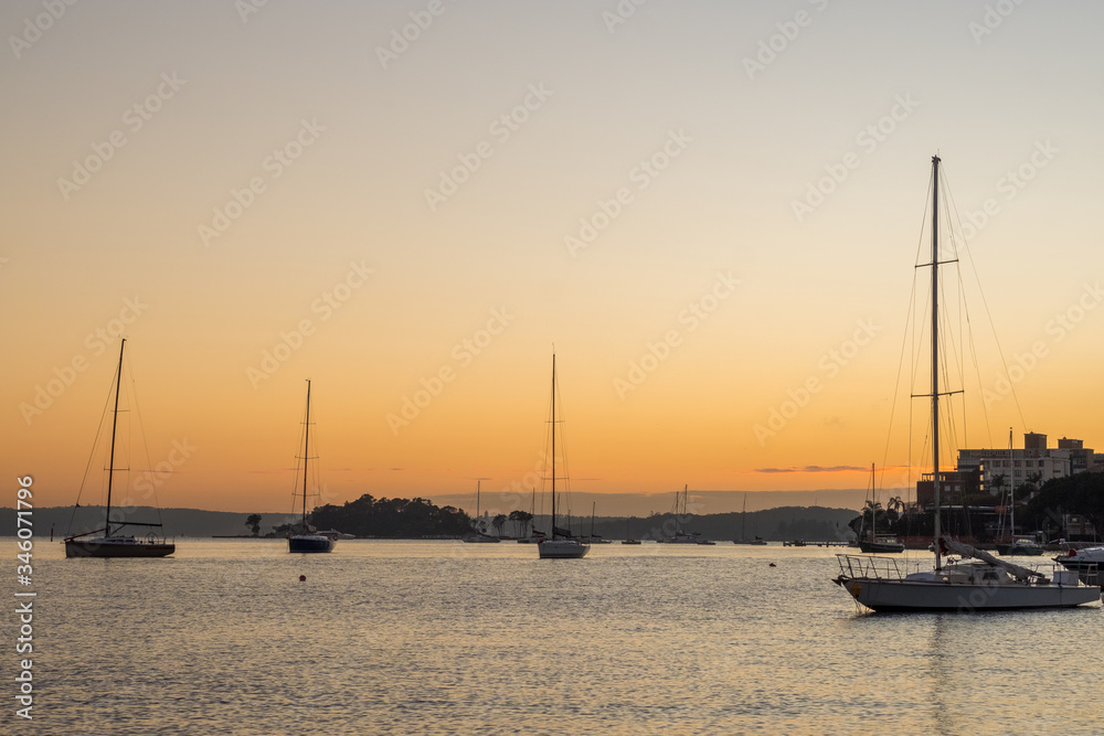 yachts on the water at dawn
