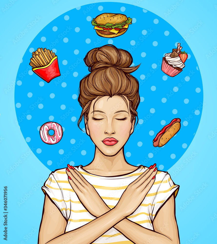 Refusing Food Visual Woman refusing from fast food, sweets illustration. Girl showing stop ...