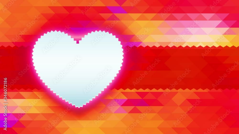 geometrical valentines day cardboard cover with a zigzagged white heart in the center of abstraction scene crafted with small multi multicolor triangles