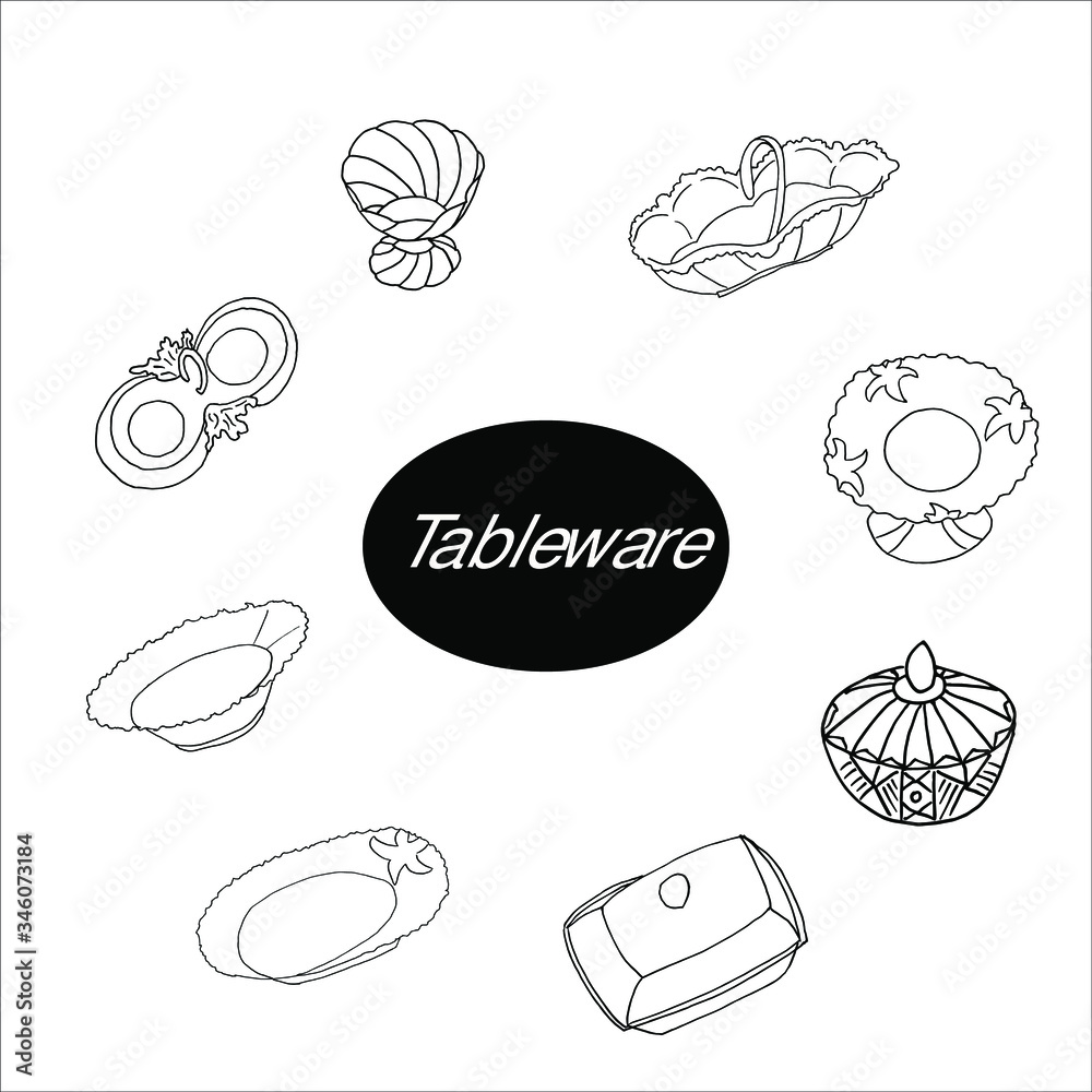 Isolated on white porcelain, Stock Illustration, vector, hand drawing, design element ware for printing, scrapbooking, postcard