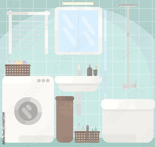 Simple design of a small bathroom with a washing machine and bathtub with shower.