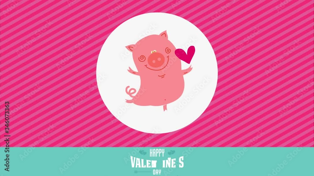 happy valentines day with cute happy pig rising in one leg and making a heart float over pink striped background happy valentines day with cute happy pig rising in one leg and making a heart float over pink striped background