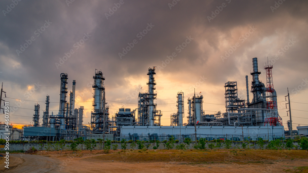 Oil Refinery, Chemical & Petrochemical plant abstract at twilight.