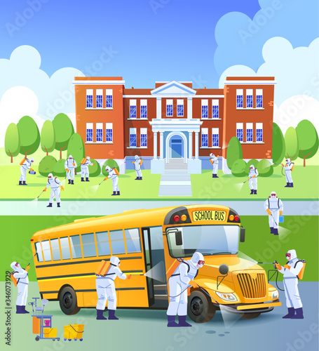 School closed, quarantine. Workers sprays disinfectant as part of preventive measures against the spread of the covid-19 or Novel coronavirus, in a school and school bus. Cartoon vector illustration