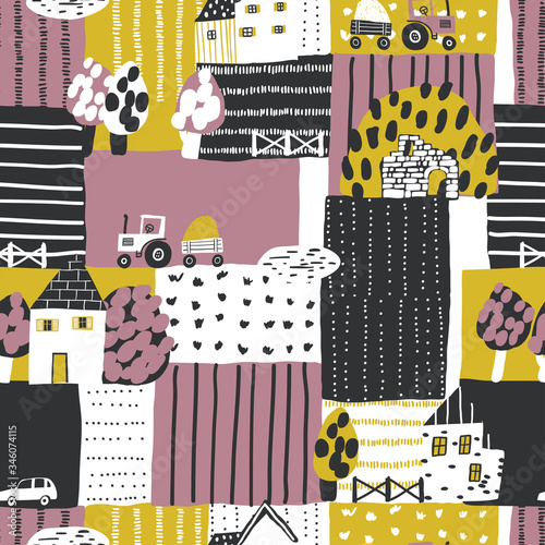 Rural fields landscape. Abstract seamless pattern with hand drawn fields, houses and trees. Perfect for kids fabric, textile, nursery wallpaper.