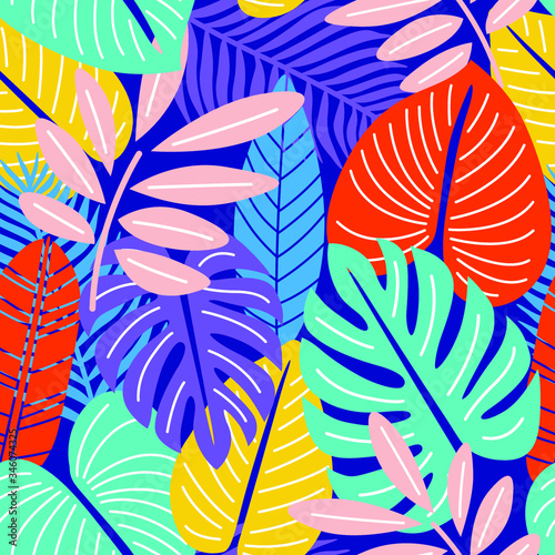 seamless pattern colorful nature leaves neon background