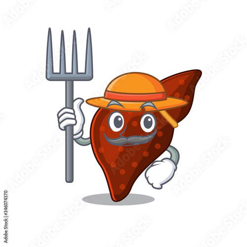 Cartoon character design of human cirrhosis liver as a Farmer with hat and pitchfork